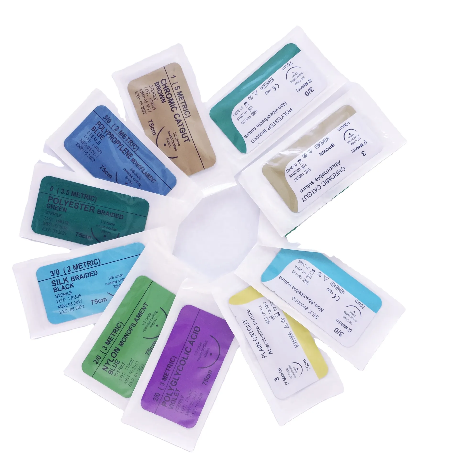 Sutura quirúrgica de PGA, poliglactina 910, PDO, catgut cromado, seda y nylon