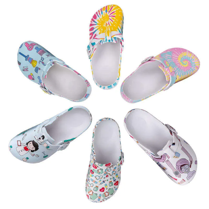 Zapatillas de enfermería en EVA, transpirables y antideslizantes, con diseño de puntera cerrada y estampado de dibujos animados, para personal hospitalario