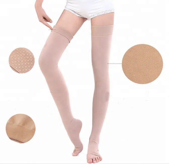 Beige black medical open toe thigh high graduated 20-30mmHg compression socks 4